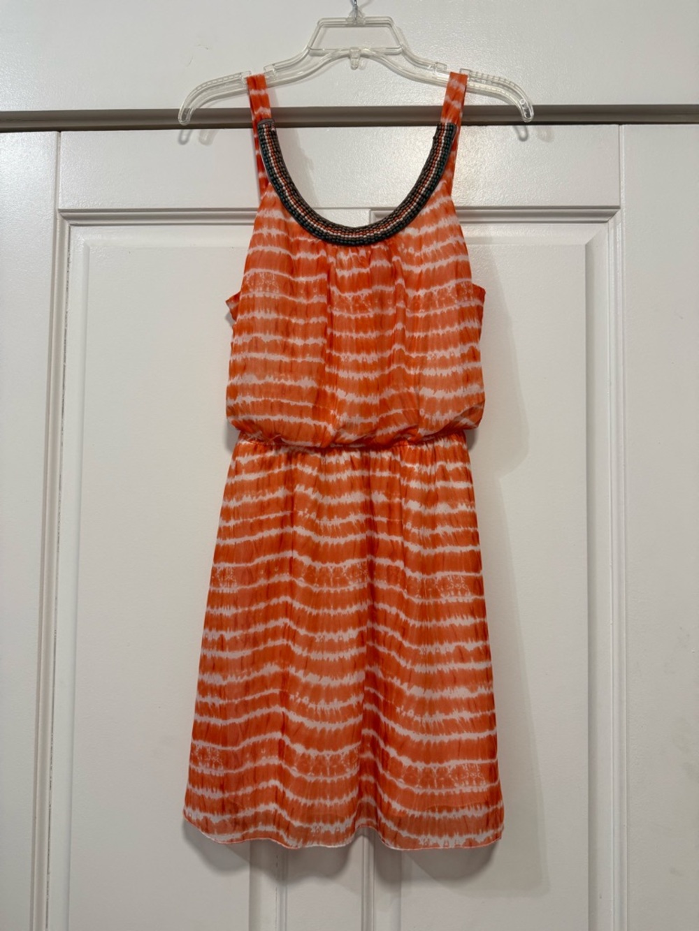 Three Pink Hearts Orange Tie-Dye Print Sleeveless Dress with Beaded Neckline